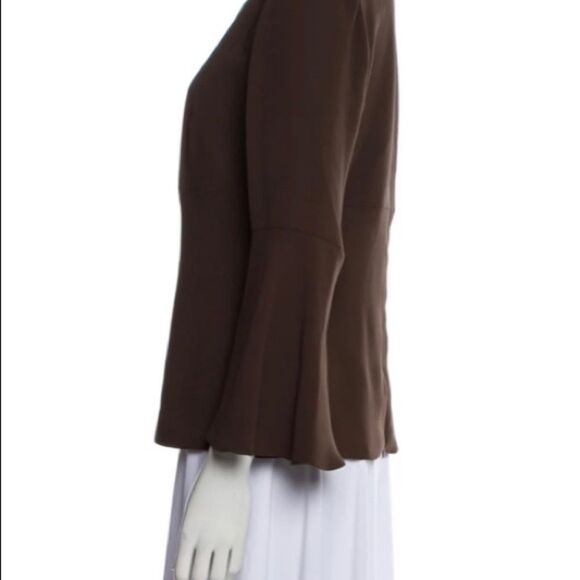 Carolina Herrera Brown Bell Sleeve Silk Scoop Neck Blouse - Picture 3 of 7
